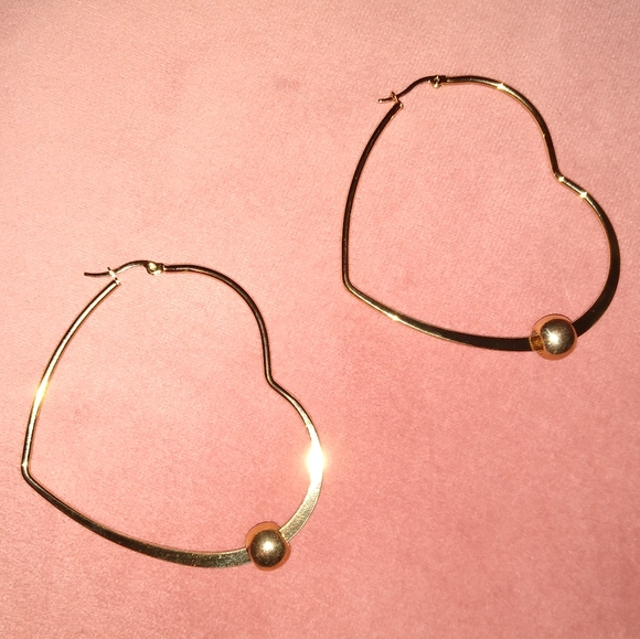 Big Hearts Gold Heart Shaped Hoops Large 60mm Hoop Earrings with Bead Minimalist - Picture 4 of 6